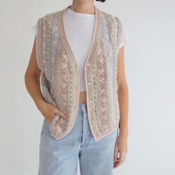 Northern Reflections Sweaters - Vintage Northern Reflections Blush Floral Eyelet Knit Cottage Button Vest XL
